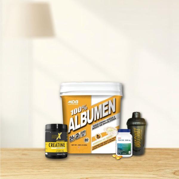 MDB EGG ALBUMEN-2KG|OUTX CREATING-250G|GNC FISH OIL|FREE SHAKER COMBO