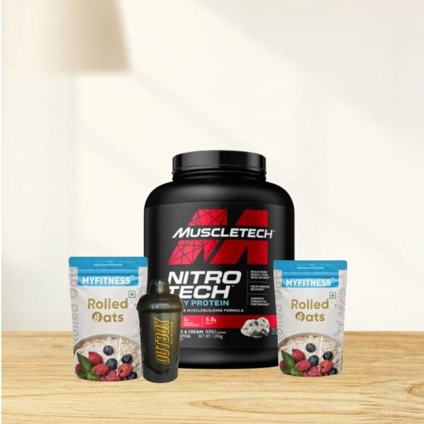 MUSCLETECH WHEY PROTEIN-1.81KG|MYFITNESS OATS-2NOS|OUTBOX SHAKER COMBO
