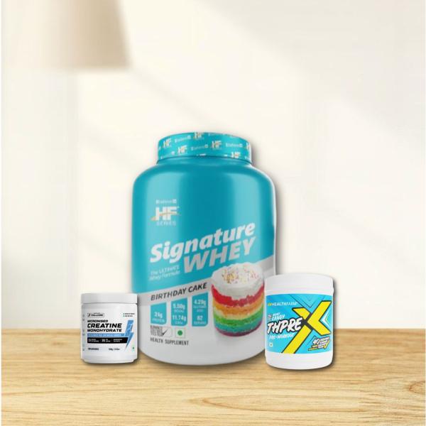 HEALTHFARM SIGNATURE WHEY 2KG|WELLCORE CREATINE 100G|HEALTHFARM THPRE PRE-WORKOUT 400G COMBO