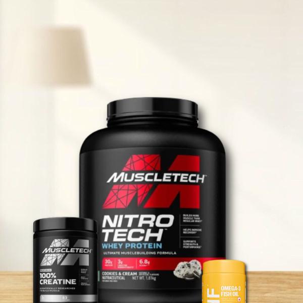 MUSCLETECH WHEY PROTEIN-2KG|MUSCLETECH CREATINE-250G|HEALTHFARM FISH OIL