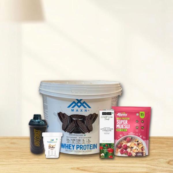 Maxn whey 4.54 kg | steadfast peanut butter| alpino oats | apple cider vinegar | free shaker combo