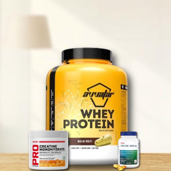 AVVATAR WHEY 2KG| GNC CREATINE-100G| GNC FISH OIL COMBO