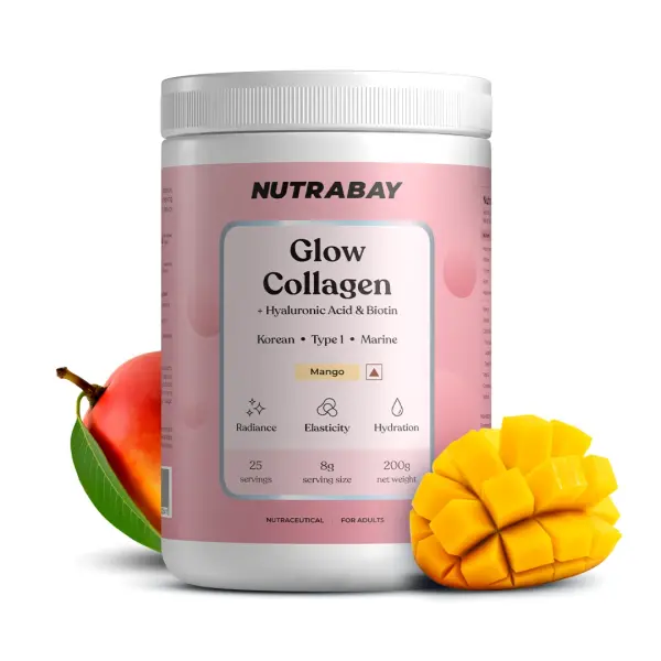 Nutrabay Korean Marine Glow Collagen Peptides with Hyaluronic Acid & Biotin for Skin Radiance - 200 gm (0.44 Lb), Mango